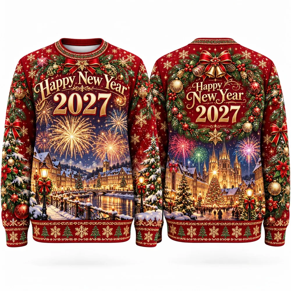 Funny Welcome Happy New Year 2027 in Firework Sweaters Featuring an Ugly Christmas Sweater Look for Midnight Photos and Events