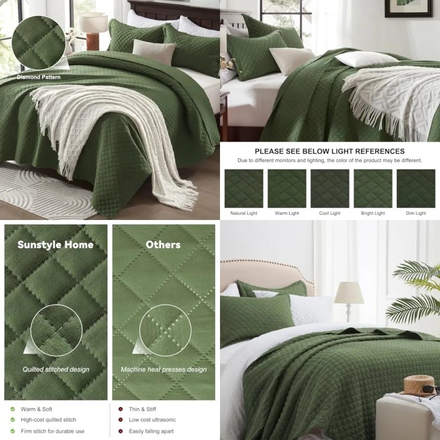 

King Quilt Bedding Set Olive Green, Lightweight Comforter Bedspread Blanket King Size Quilt, Luxury Durable Quilted Stitching C