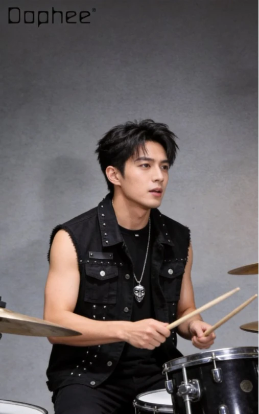 2026 Spring Summer Men's Rivet Denim Vest American Punk Motorcycle Sleeveless Stage Waistcoat High Street Outerwear Tank Coat
