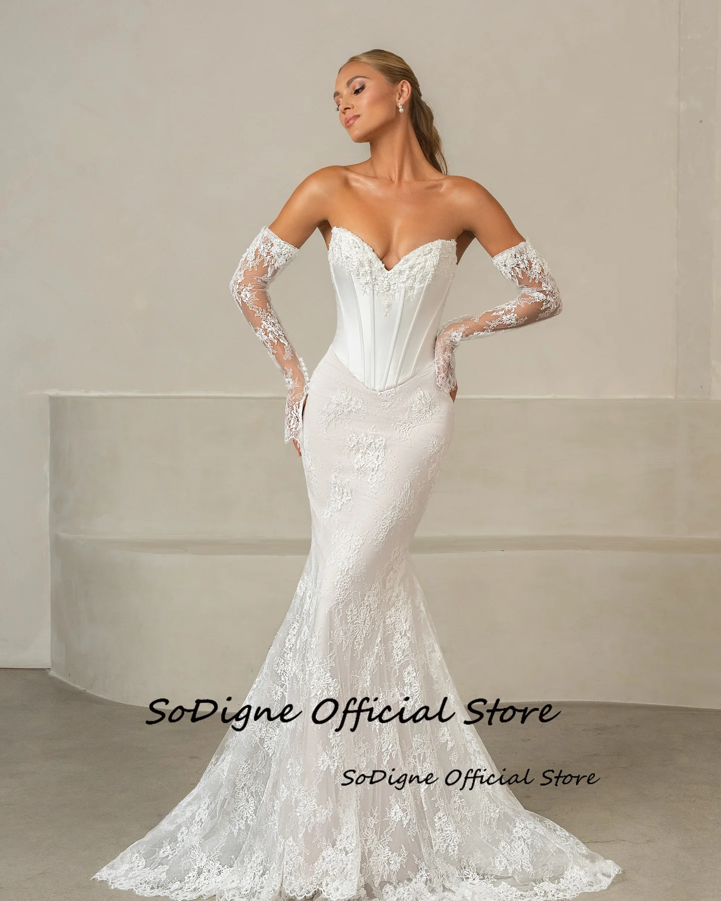 SoDigne Zeemeermin Kant/Satijn Trouwjurken Mouwloze Sweetheart Bruidsjurk Lange Bruidsjurk 2026 vestidos de novia Aangepaste