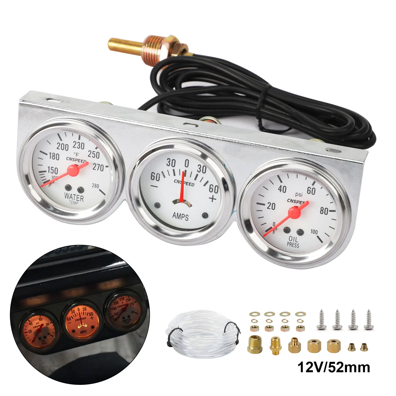 

CNSPEED 2" Amp Gauge Water Temp Oil Pressure meter Triple Auto Gauge Set with sensor YC101323