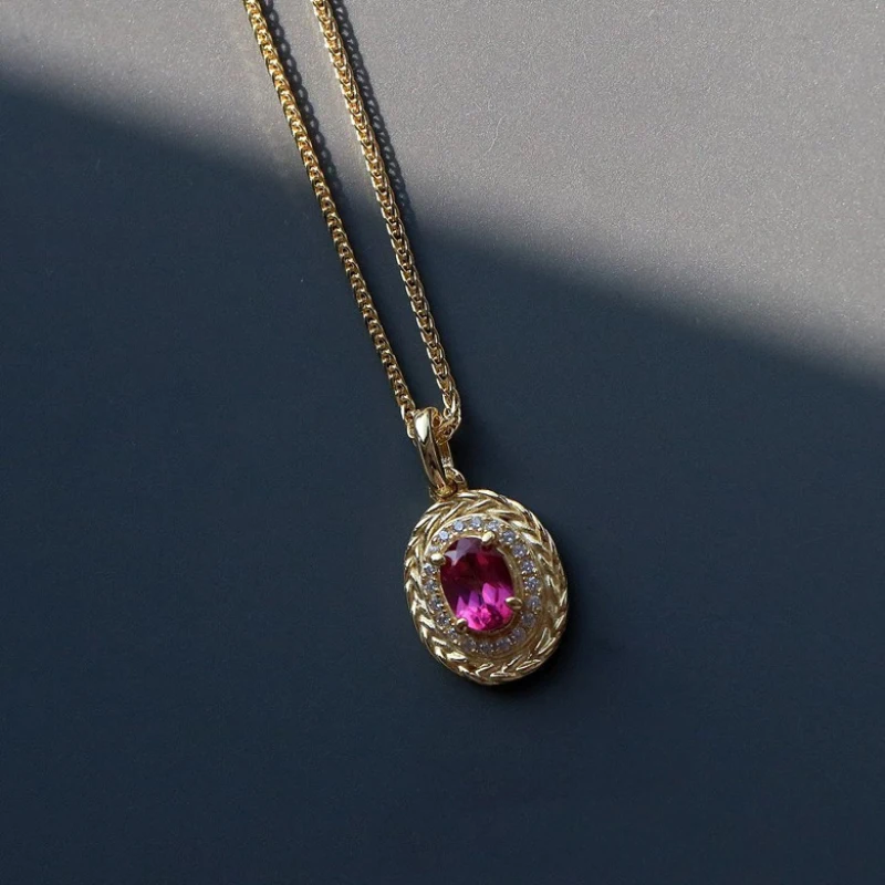 

Creative design inlay diamond pink gemstone necklace Pendant sweet style exquisite oval collar chain wedding jewelry gifts