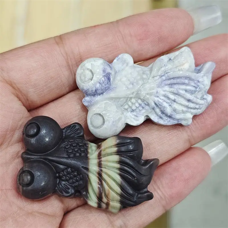 Natural Taichi Jade And Blue White Stone Goldfish Carving Healing Fengshui Gemstones HomeDecoration Holiday Gift 1PCS