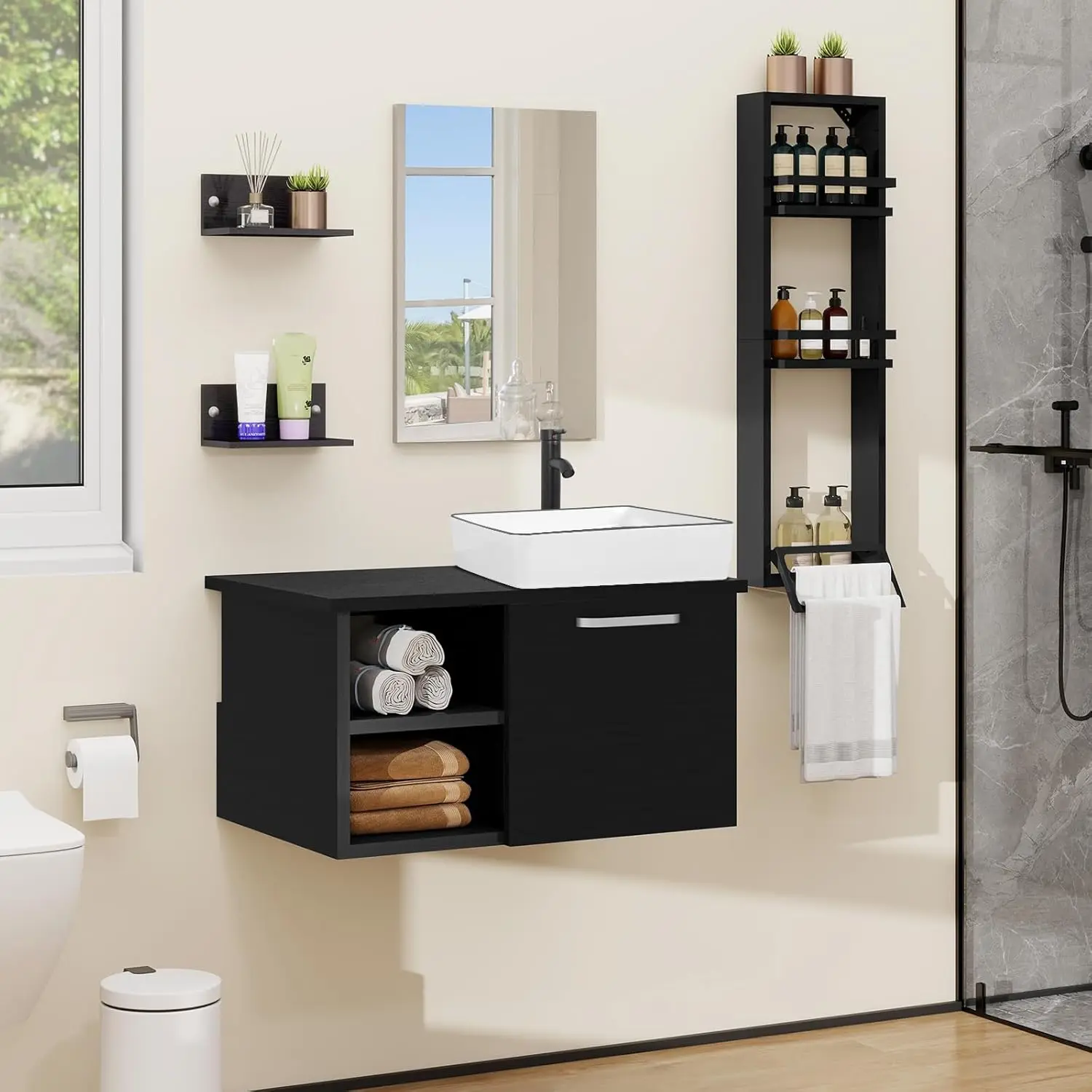 71 cm White Bathroom Furniture Set 3-Tier Shower Shelf 2 Wall Shelves Basin Floor Cabinet Bathroom Vanity Set