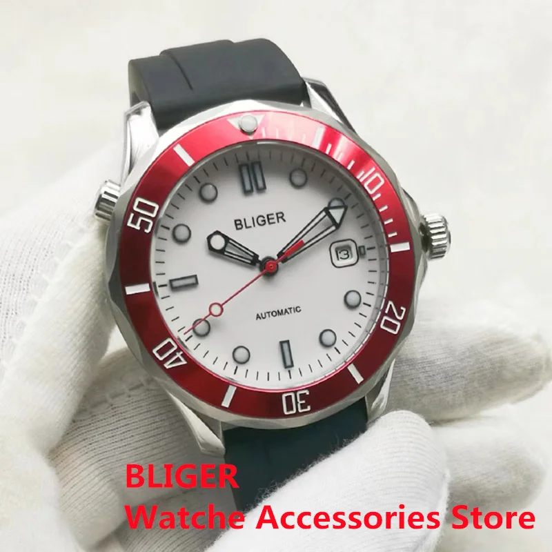 BLIGER New 41mm NH35A MIYOTA 8215 PT5000 Mechanical Mens Watch Sapphire Glass Luminous Mark Unidirectional Bezel RED Beze;