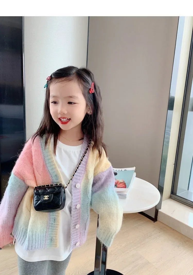 Girls Sweater Coat Autumn Gradient Cardigan Sweater 2023 New Childrens Rainbow Net Red Fashion Style Casual Girls Coat Top