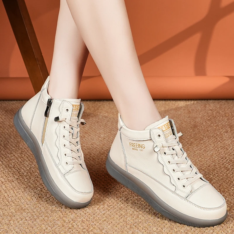 

Женские кожаные высокие кроссовки на шнуровке с боковой молнией, нескользящие, повседневные, для прогулок