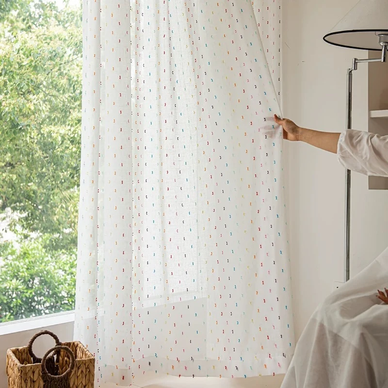 Luxury Rainbow Candy Bean Cotton Modern Linen Yarn Children's Room Bay Window Screen Girl Heart Cute Ins Wind Screen Curtain
