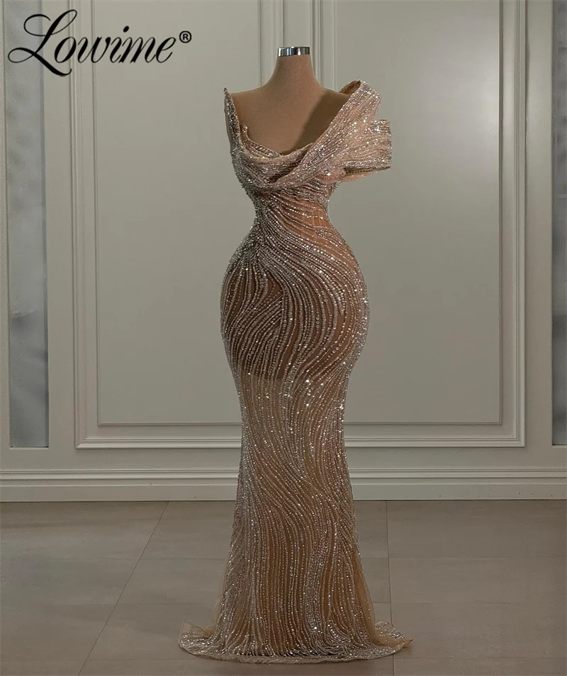 

Champagne Bespoke Occasion Dresses Arabic Evening Party Dress 2024 Shiny Beaded Crystals Mermaid Women Evening Gowns Customized