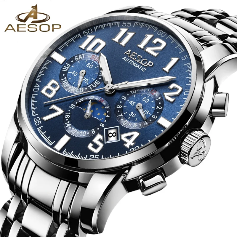 AESOP Brand Luxury Mechanical Watch Men Business Automatic Watches Stainless Steel Luminous Wristwatch Clock Religio Masculino