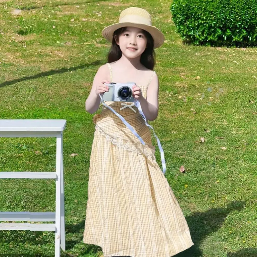

Fashion Loose Girls Princess Grid Dress Teenagers Party Summer Kids Dresses Beach Vacation Sweet Children Sling Dress Holiday
