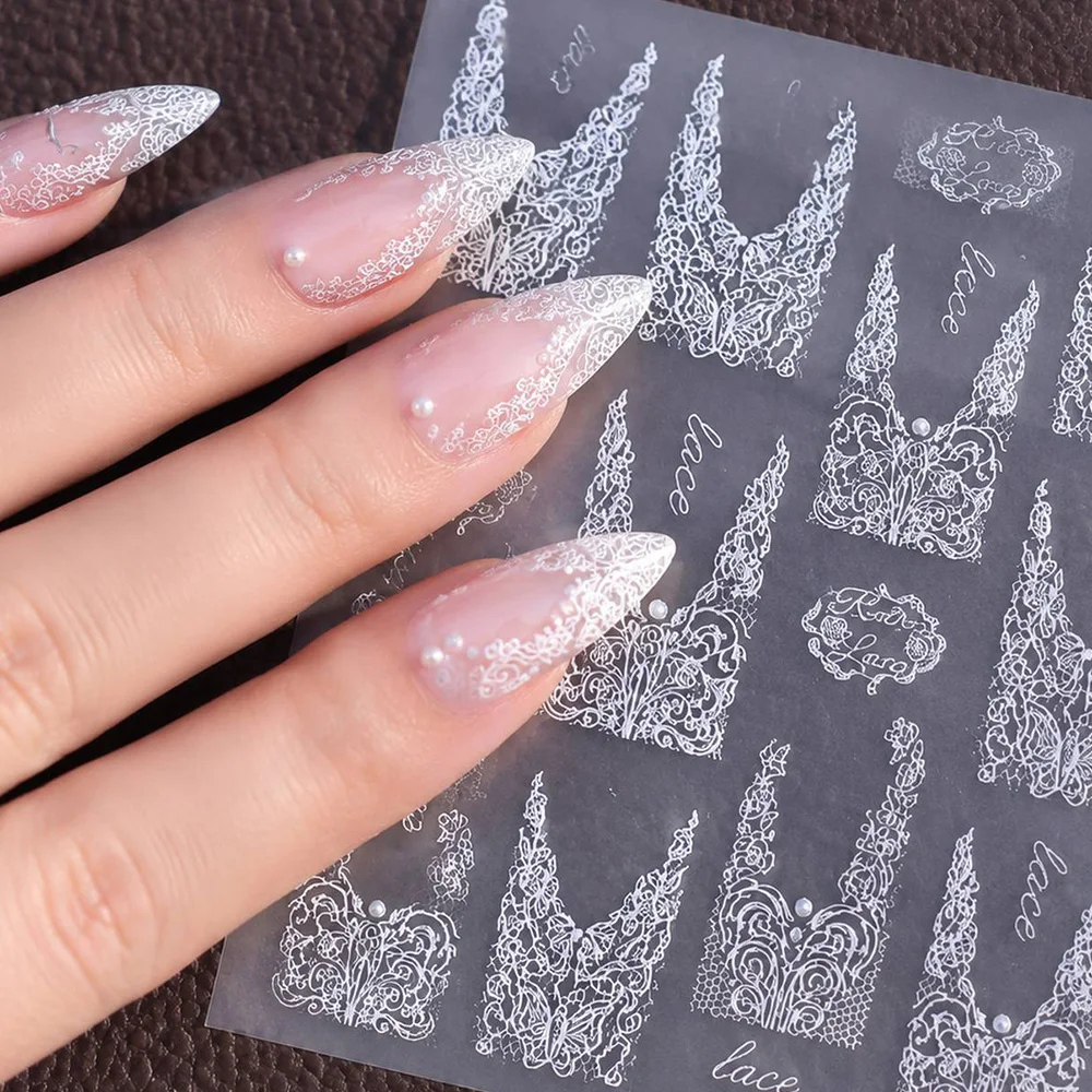 1Pc Delicate V Tip Lace Nail Sticker Holographic Black Gothic Lace Design Nail Decal Self Stick Pearl Embellish Nail Slider
