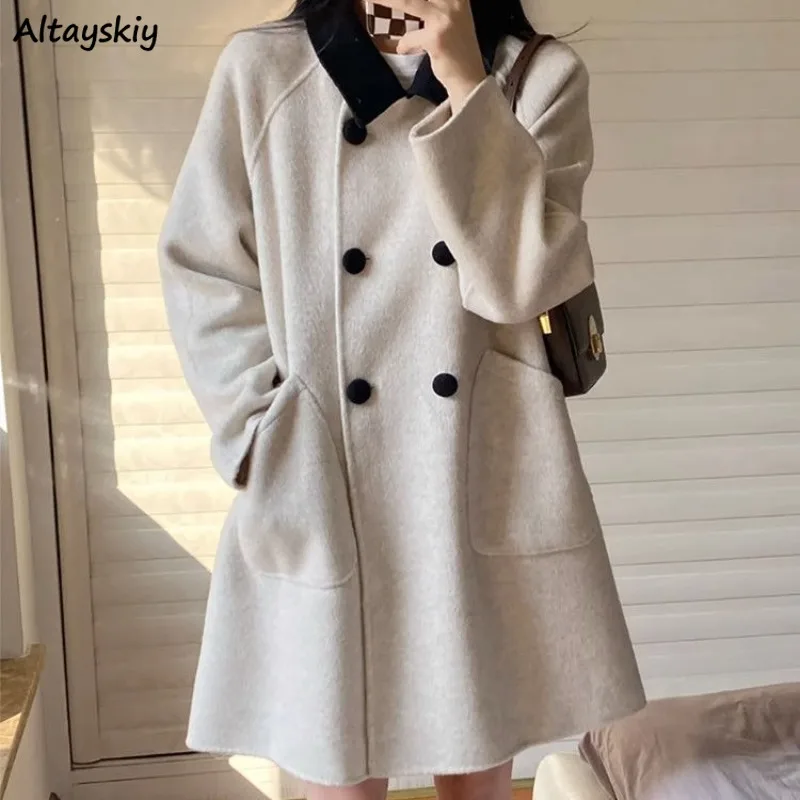 

Korean Blends Women Maillard Autumn Winter Peter Pan Collar Patchwork Streetwear Double Breasted Woolen Coats Outwear Casual Ins