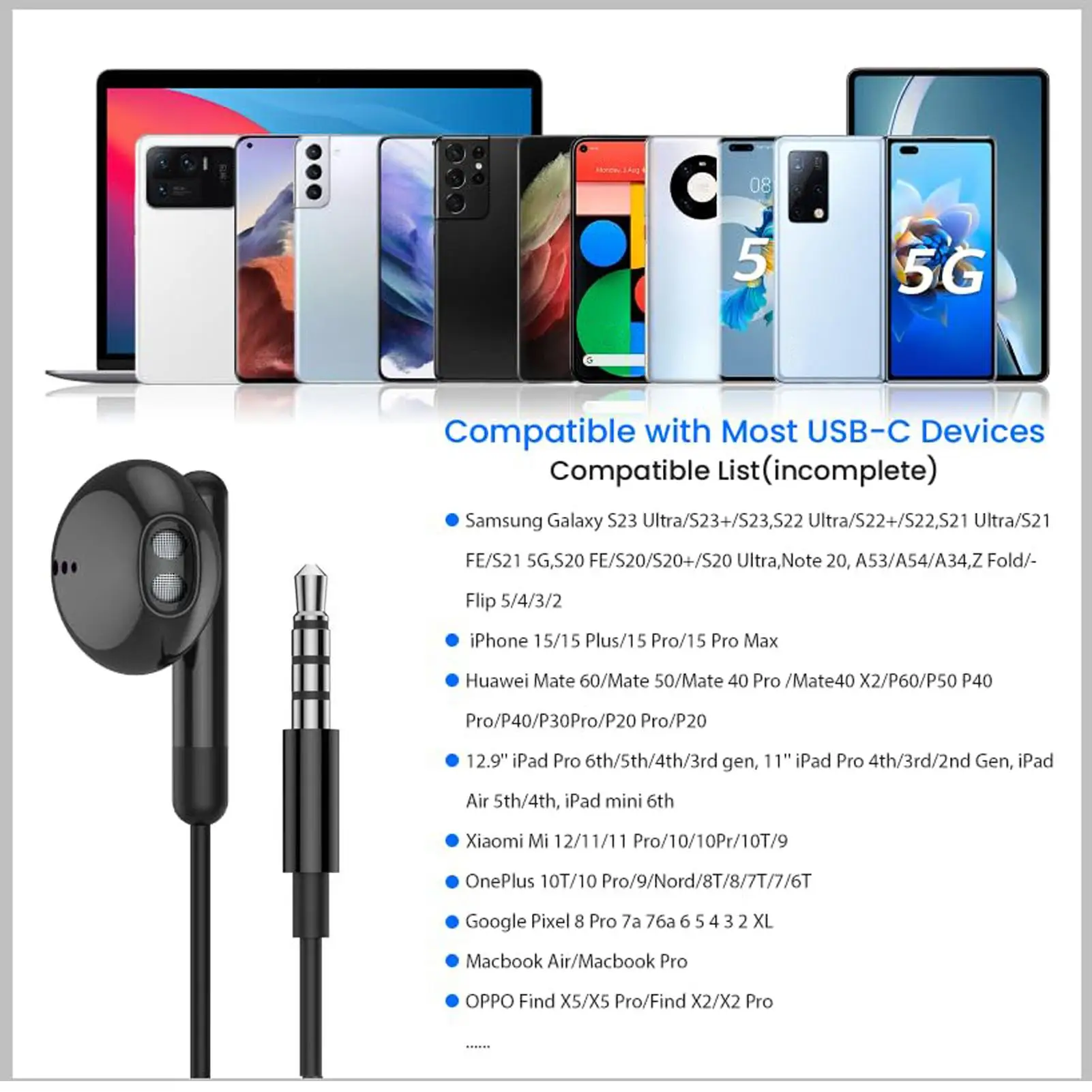 Type C Wired Earbuds HD Noise Isolating Wired In-ear Type C Headphone Mobile Sound Accessory For Mobile Phone Computer Laptop