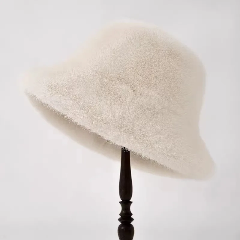 Rabbit Fur Bucket Hat for Women Fashion Autumn Winter Warm Thickened Fisherman Hat Russian Outdoor Hat Warm Trooper Trapper Cap