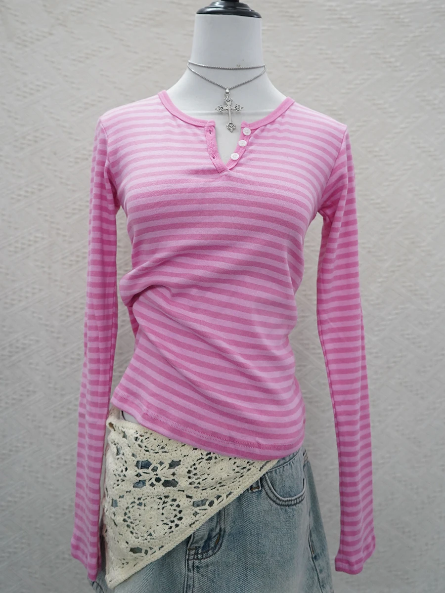 Pink Striped Slim Long Sleeve T-shirts Women Spring Three Buttons O-Neck Cotton Tees Top Female Vintage Streetwear Sweet Tshirt