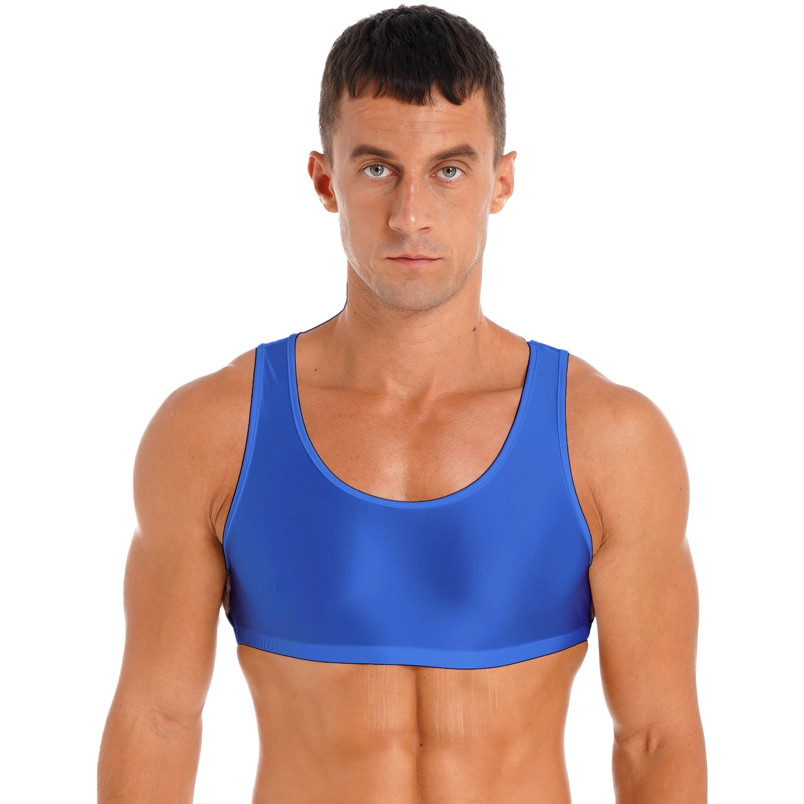 Camiseta sin mangas recortada brillante para hombre, chaleco sin mangas con cuello redondo de Color sólido, Tops, traje de baño, Sujetador deportivo