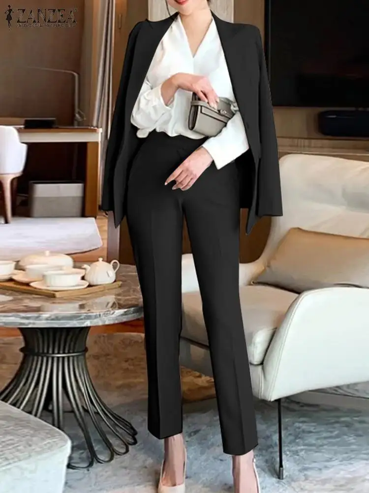 ZANZEA Elegant Women OL Work Pants Sets 2PCS Long Sleeve Blazer Suits Fashion Spring Office Trousers Suits Solid Tracksuit 2024