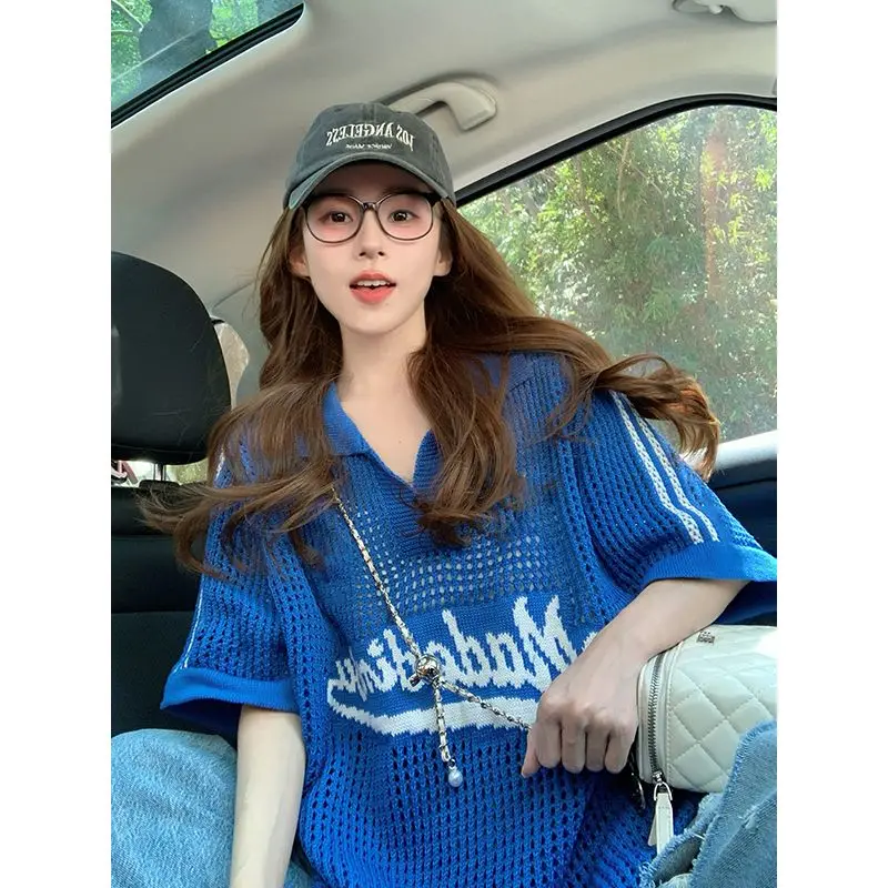 

American hollow knitted short-sleeved women's 2025 new summer retro sports college style loose top trendy