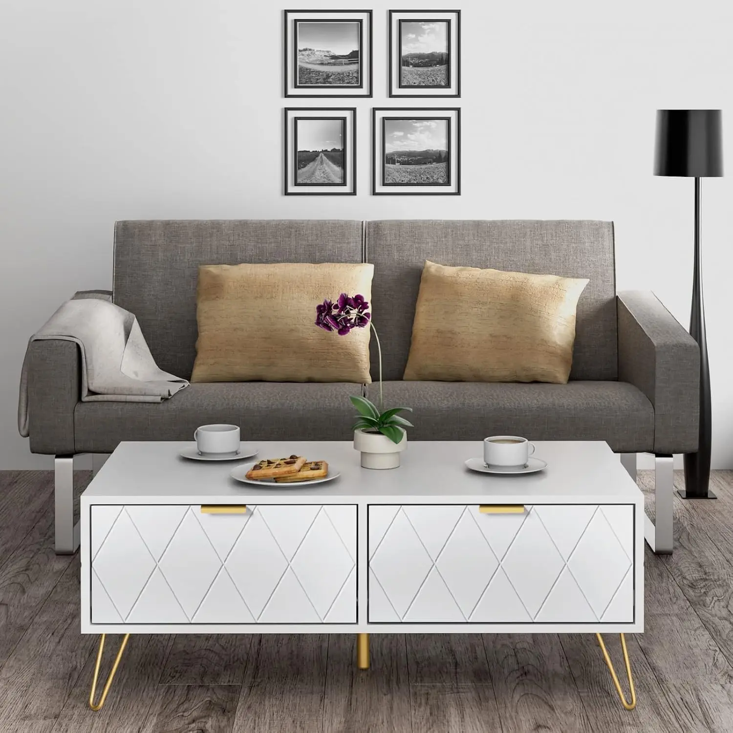 39.4'' Coffee Table with Large Drawers & 2 Open Storage Shelves, White Modern Coffee Tables with Gold Metal Handles