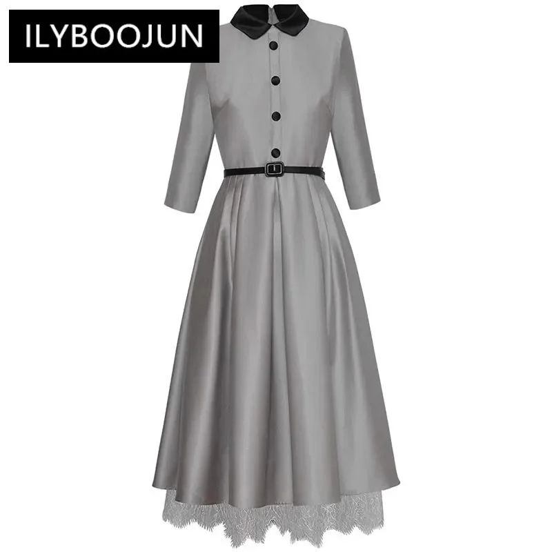 

ILYBOOJUN Fashion Runway dress Spring Summer Woman's Dress Three Quarter Sleeve Lace-up Patchwork Lace Commuter Elegant Dresses