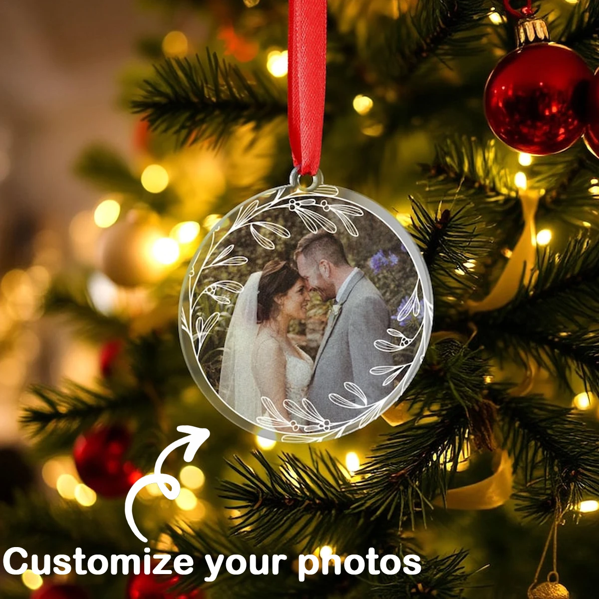 Personalized Christmas Bauble Ornament Custom Printed Couples Gift Newly Weds Engagement Wedding Present Photo Wreath Design