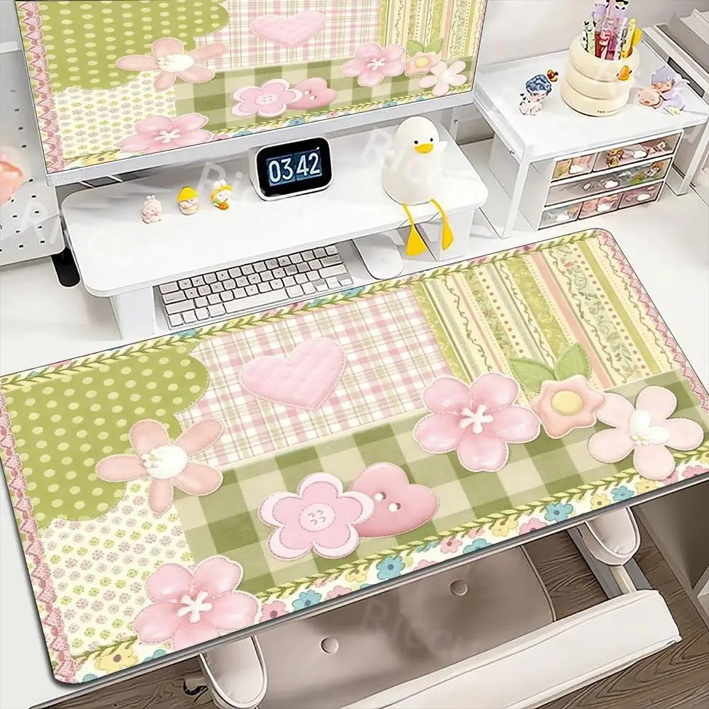 Pink Plaid Floral Heart Large Mouse Pad Non Slip Rubber Base Checker Print Gaming Desk Mat Smooth Mousepad For Girl Decor