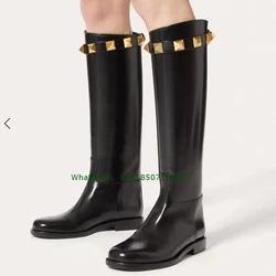 Black Round Toe Flat Rivet Slip-On Knee-High Boots Versatile Plus Size Women's Boots