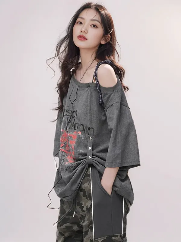 Rétro Hong Kong Sle ort Sve T-irt femmes été 2025 ample Sexy oulder Bared décontracté coton imprimé haut pour les jeunes femmes