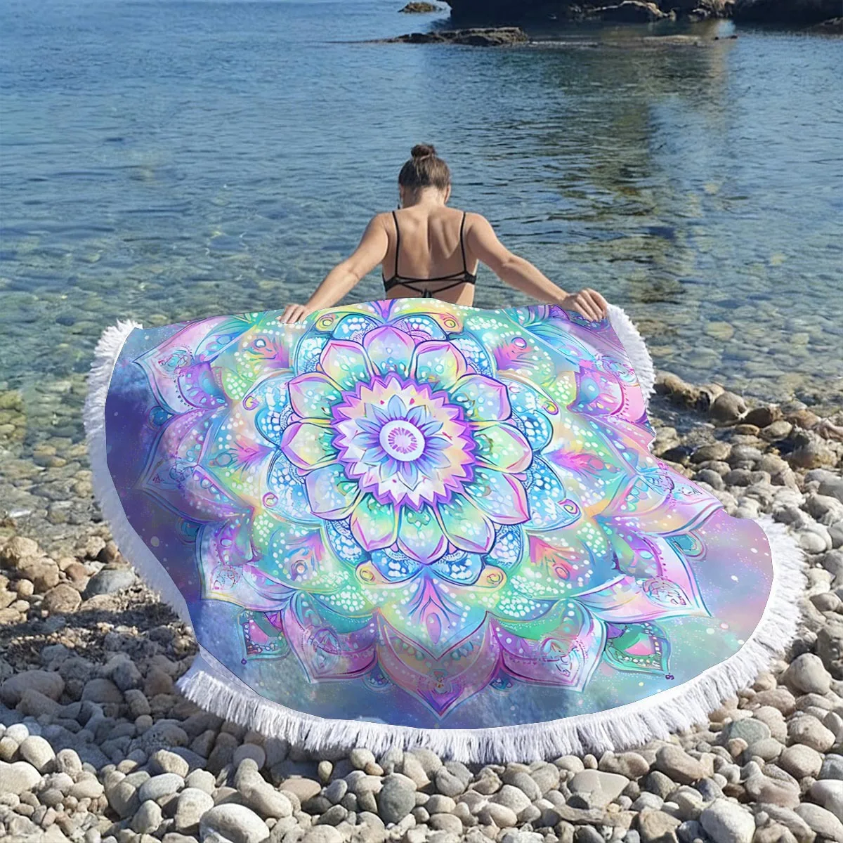 Light Color Round Mandala Beach Towel Soft Microfiber Print Quick Dry Absorbent Tassel Towel for Women Swimming Pool Travel Gift