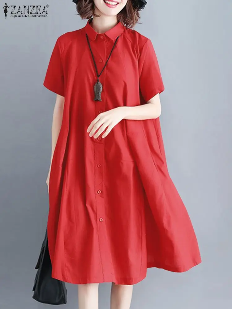 ZANZEA Women Elegant Shirt Dress Summer Short Sleeve Baggy Vestidos Fashion Solid OL Work Sundress Lapel Neck Buttons Down Robe