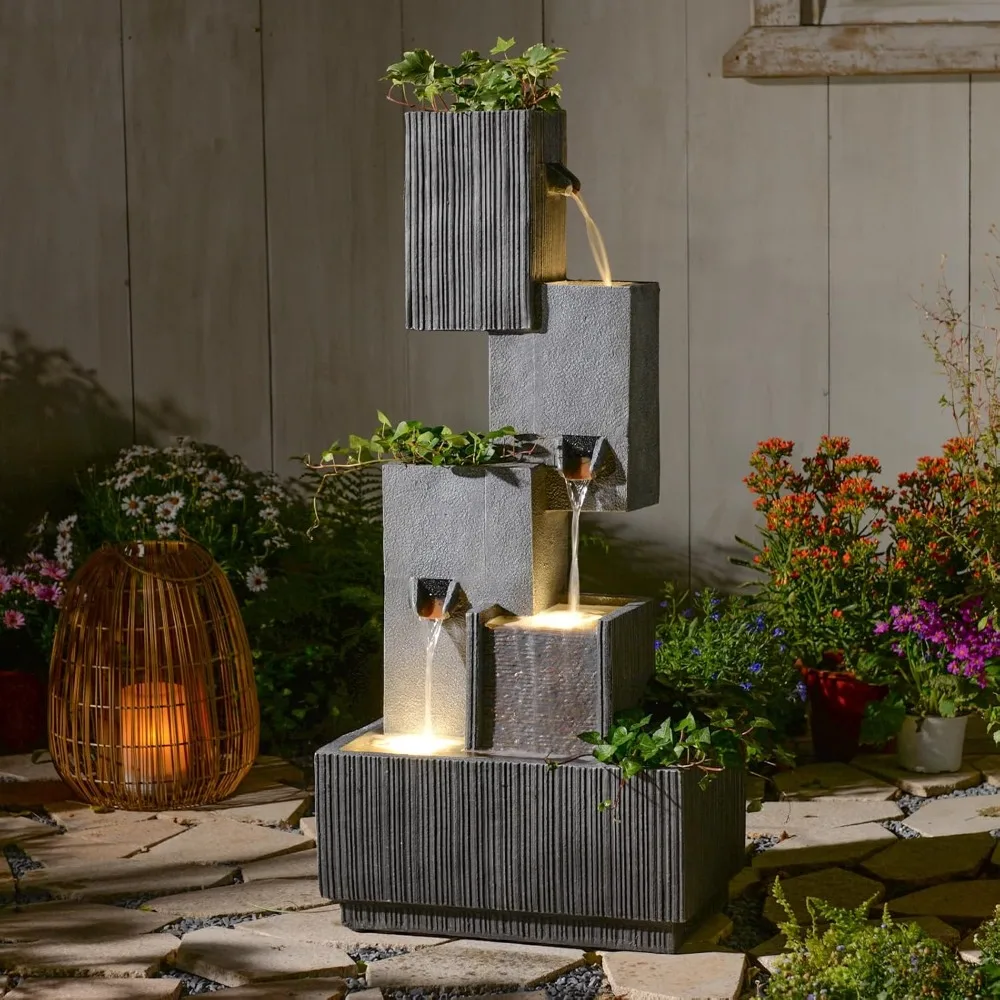 

Outdoor Waterfall Fountain with LED Lights, 41.3 Tiered Resin Garden Fountain for Patio, Yard, or Backyard, Weather-Resistant