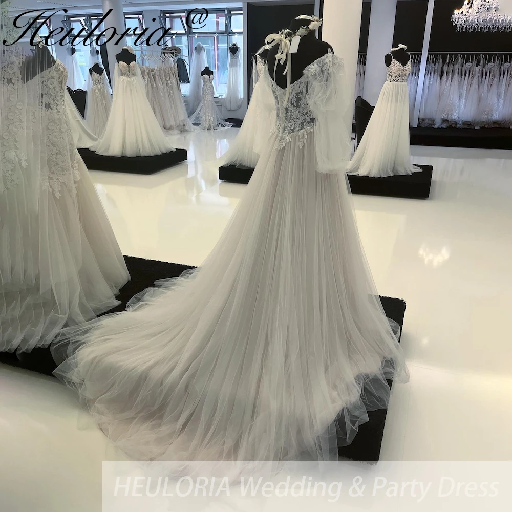 elegante abito da sposa linea A con spalle scoperte manica lunga in pizzo con perline abito da sposa Robe De Mariee abito da sposa lungo strascico
