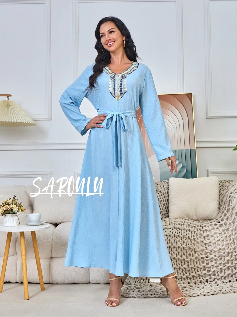 

Kaftan Plus Size Women Light Blue Maxi Evening Dress Loose Long Sleeve Belted V Neck Embroidery Casual Robe For Party Daily Wear