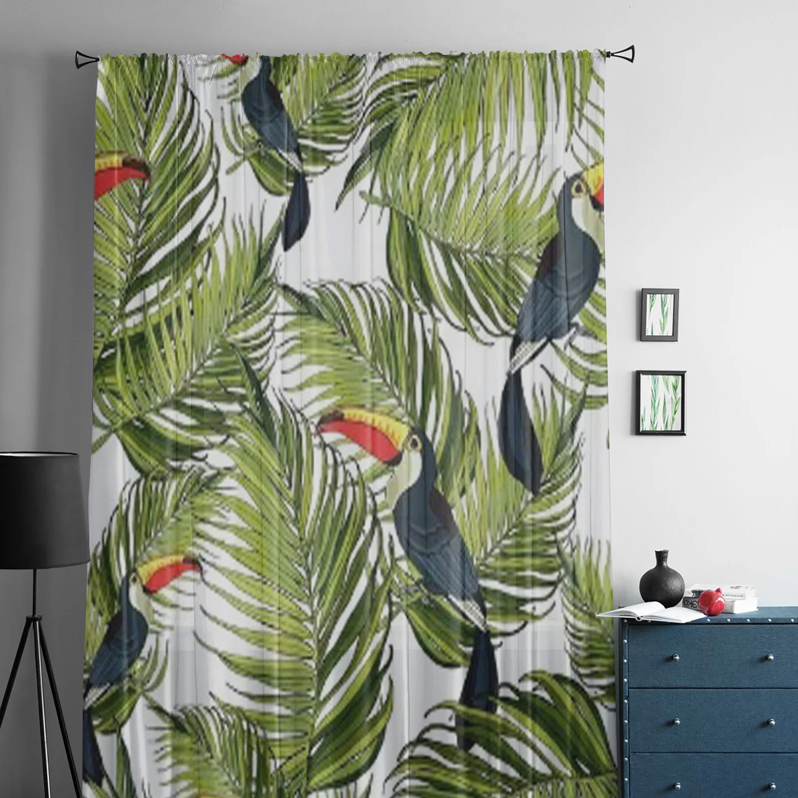 Toucan and Palm Branches Tulle Curtains for Living Room Bedroom Window Sheer Curtains Kitchen Balcony Voile Curtains