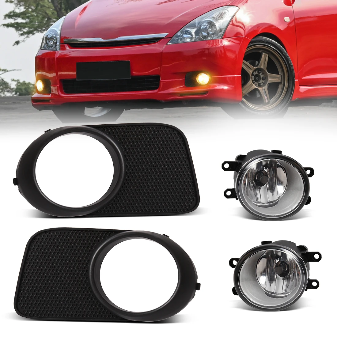 

Комплект передних противотуманных фар для Toyota Wish 2003-2008: галогенные фары с проводкой и переключателем, автомобильные аксессуары