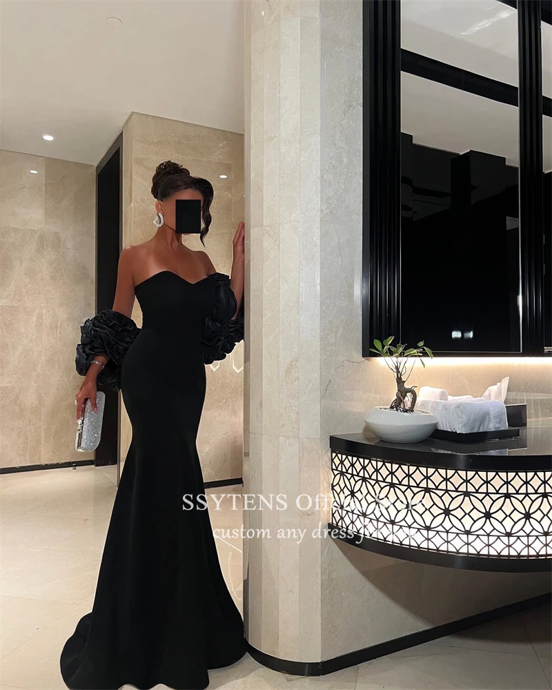 SSYTENS Elegant Black Evening Dresses 3D Flowers Train Mermaid Wedding Party Dress 2PCS Sweetheart Formal Occasion Prom Gowns