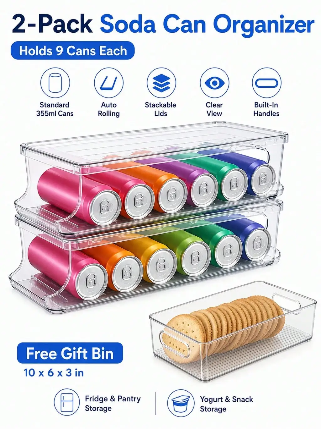 Stackable Clear Soda Holder 2 Piece Refrigerator Can Dispenser with Lid Plus Small Storage Bin
