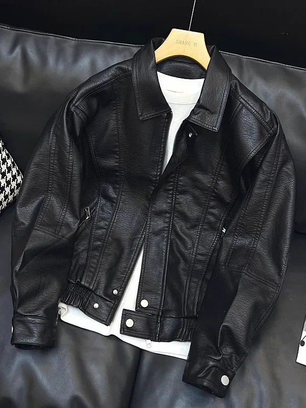 

Trendy Biker Sle Leather Jaet Men's Casual Turn-down Collar ort Coat Spring Autumn New Arrival Youth Vitali Faion