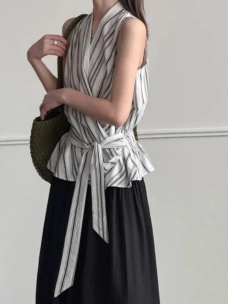 Women White Striped Bandage Linen Tank Tops New V-collar Sleeveless Personality Fashion Tide Spring Summer