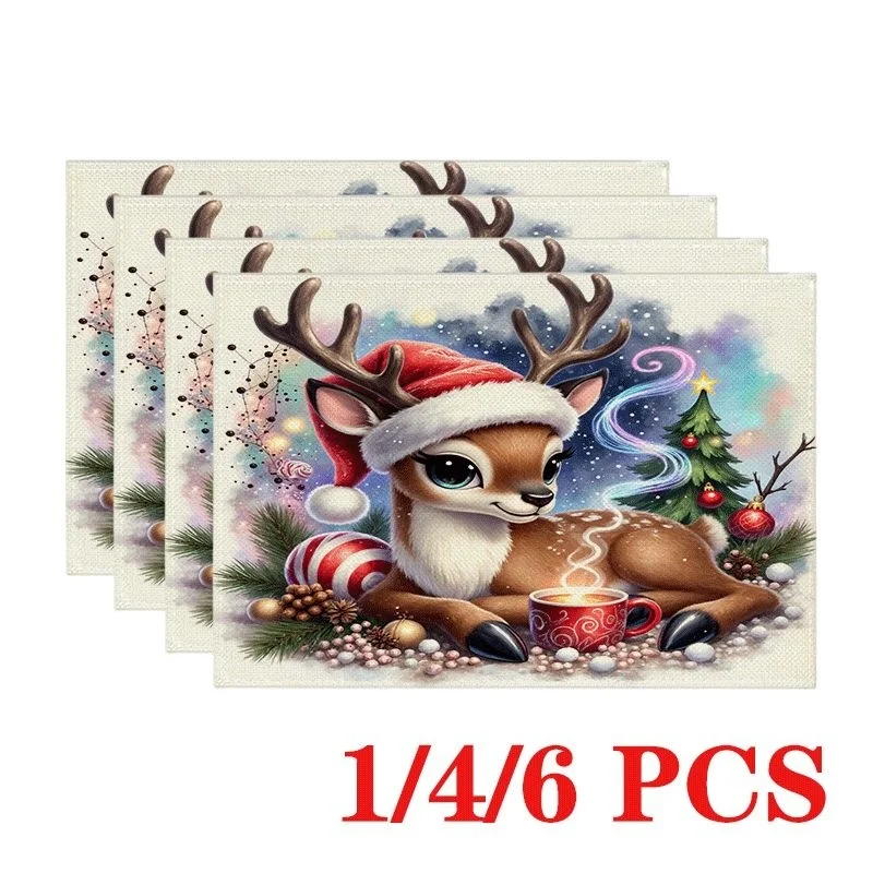 Kitten Holly Wreath Bow Bell Xmas Bauble Gift Basket Print Table Mat Soft Winter Holiday Dining Table Decoration