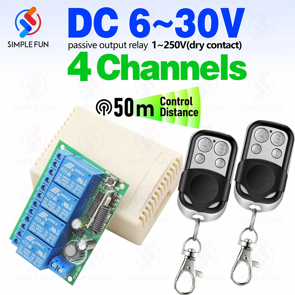 RF Universal Wireless Remote Control Switch 433MHz DC 6V 12V 24V 10A Relay Receiver,50m Transmitter for Garage Door Motor Lamp