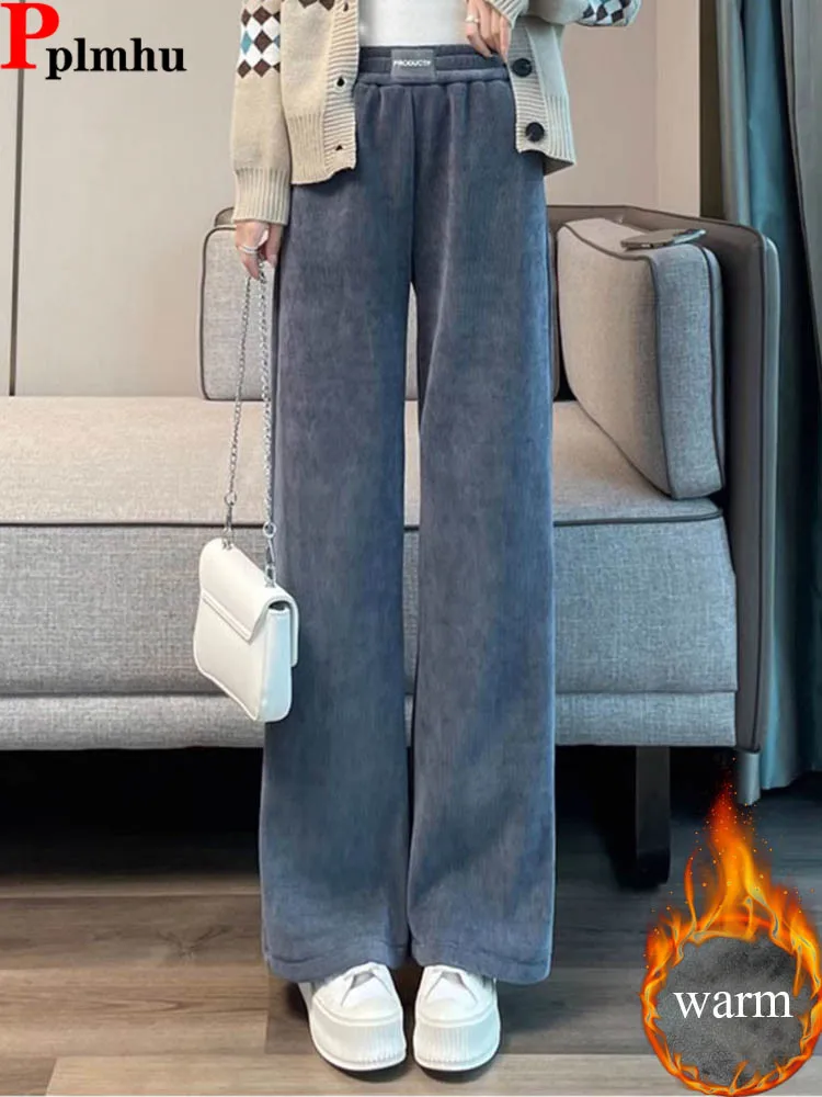 

Вельветовые свободные утепленные спортивные штаны женские повседневные эластичные прямые брюки с высокой талией на бархатной подкладке зимние теплые однотонные широкие брюки Spodnie