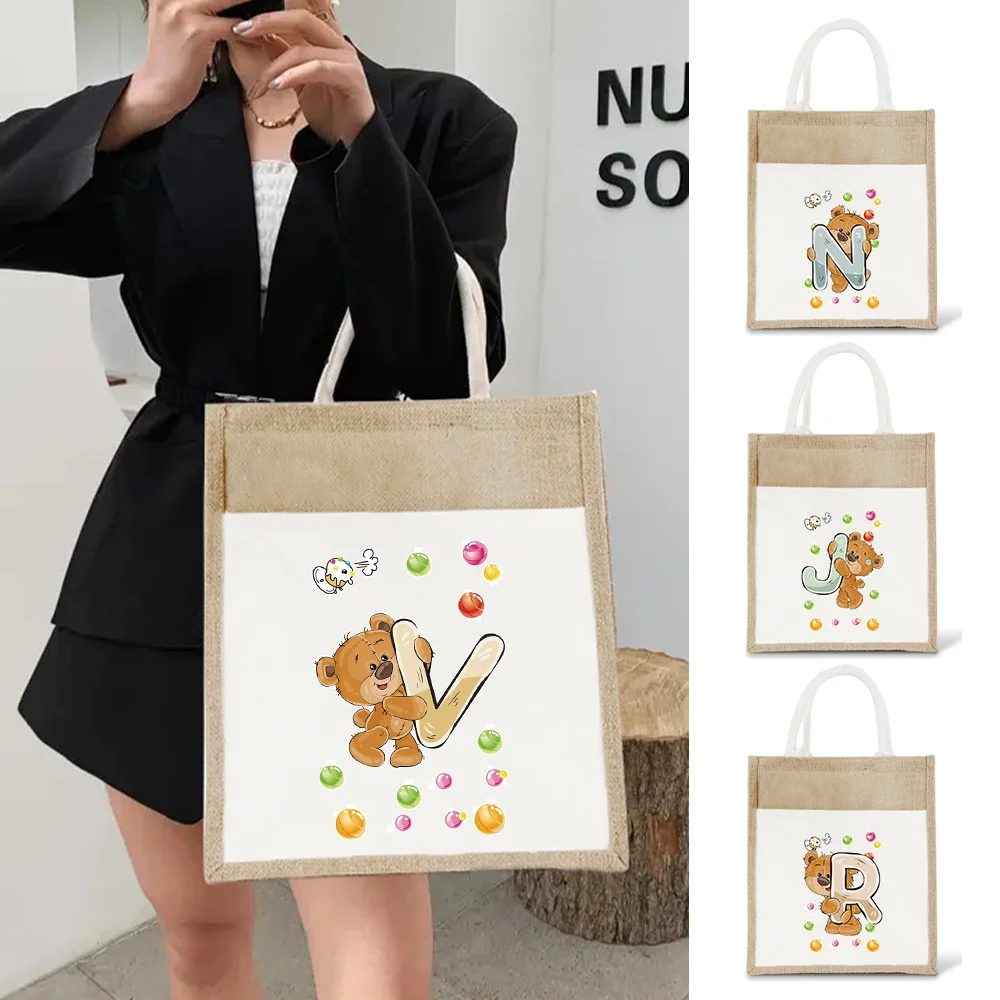 

jute Tote Shopper Bag bear Series Vintage Handbags Portable Summer Beach Bag Reusable Handle Shopping Grocery Bags