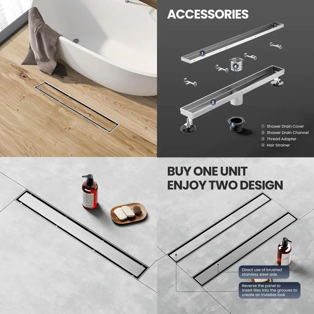 

32 Brushed Stainless Steel Shower Drain with Tile Insert, Suitable for Bathroom, Kitchen, and Garage