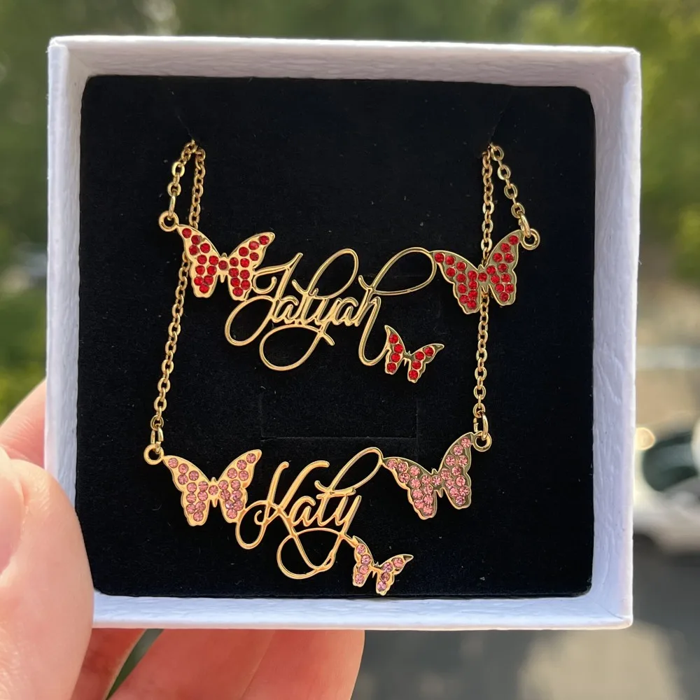 DUOYING Custom Butterfly Name Necklace Personalized Nameplate with Colorful Zircon Necklace Stainless Steel For Women Jewelry