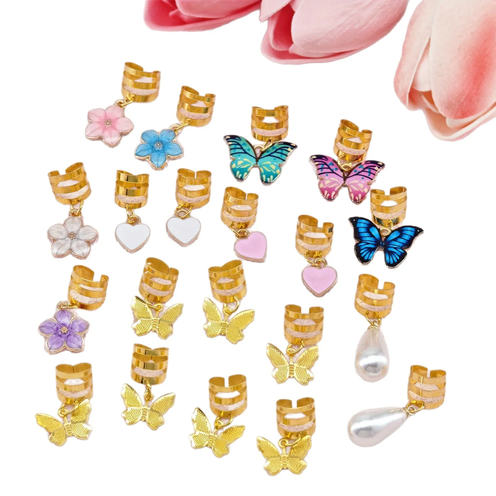 20 ชิ้นโลหะผสมลูกไม้หัวใจหยดน้ําจี้ผมแหวนชุด DIY ถักเปียอุปกรณ์ผมคลิปผม