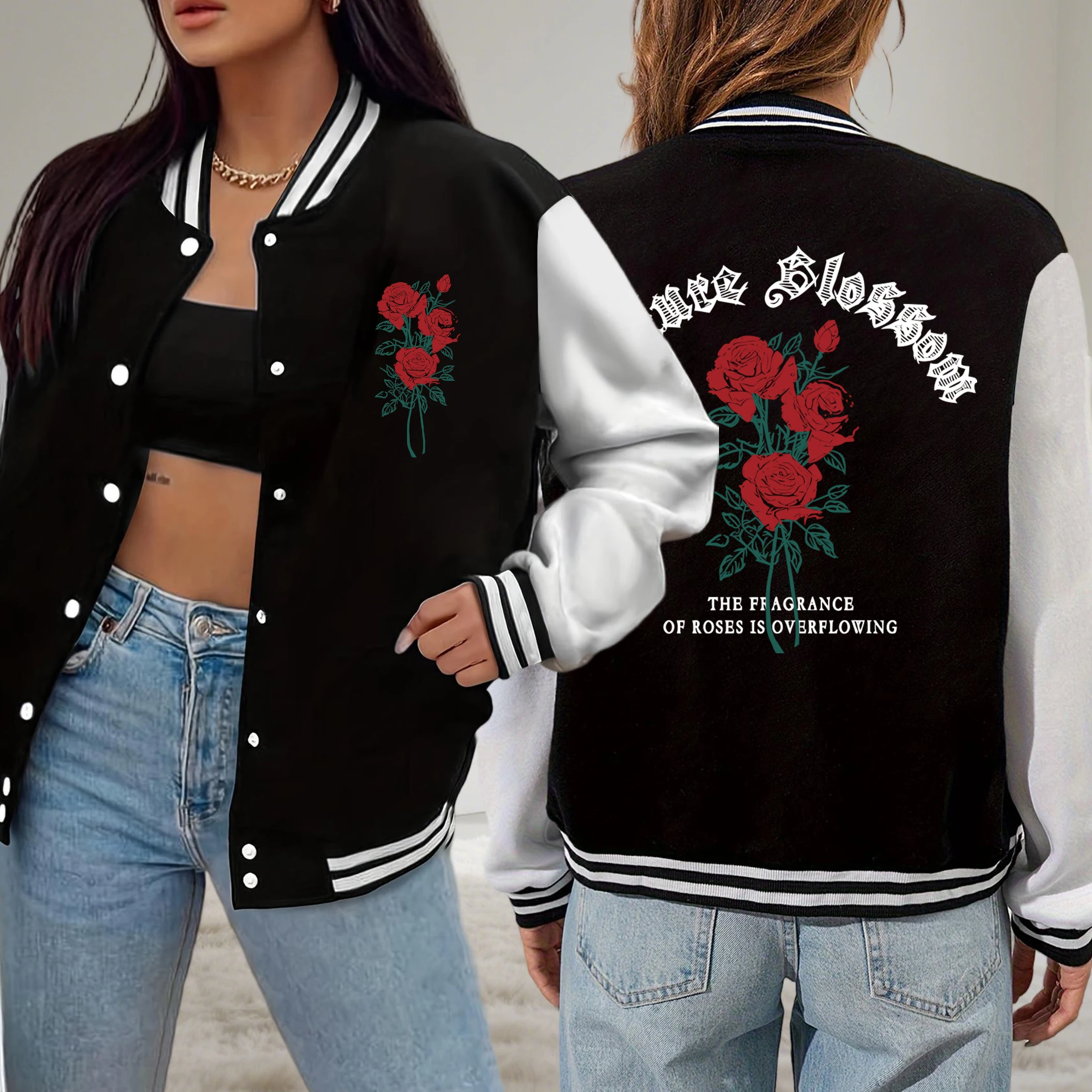 

Nature Blooming The Roses Flower Design Baseball Uniform Women Fleece Oversized Streetwear Fashion Casual Female Jackets