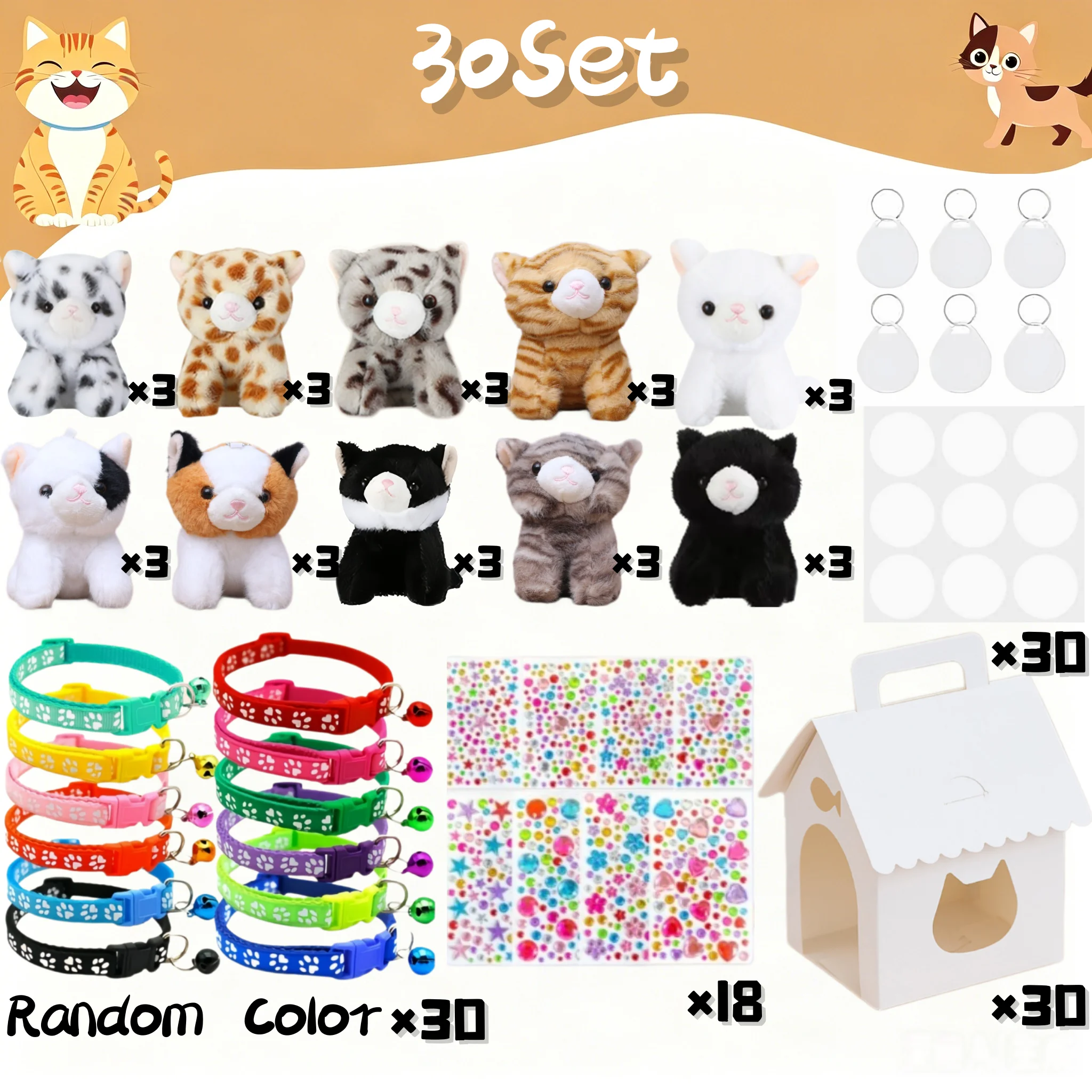8-32er-Set „Kätzchen adoptieren“-Partygeschenke, Katzen-Stofftiere in Großpackung, verstellbares Halsband, ID-Karte und DIY-Kätzchenhaus für Geburtstags- und Babypartys