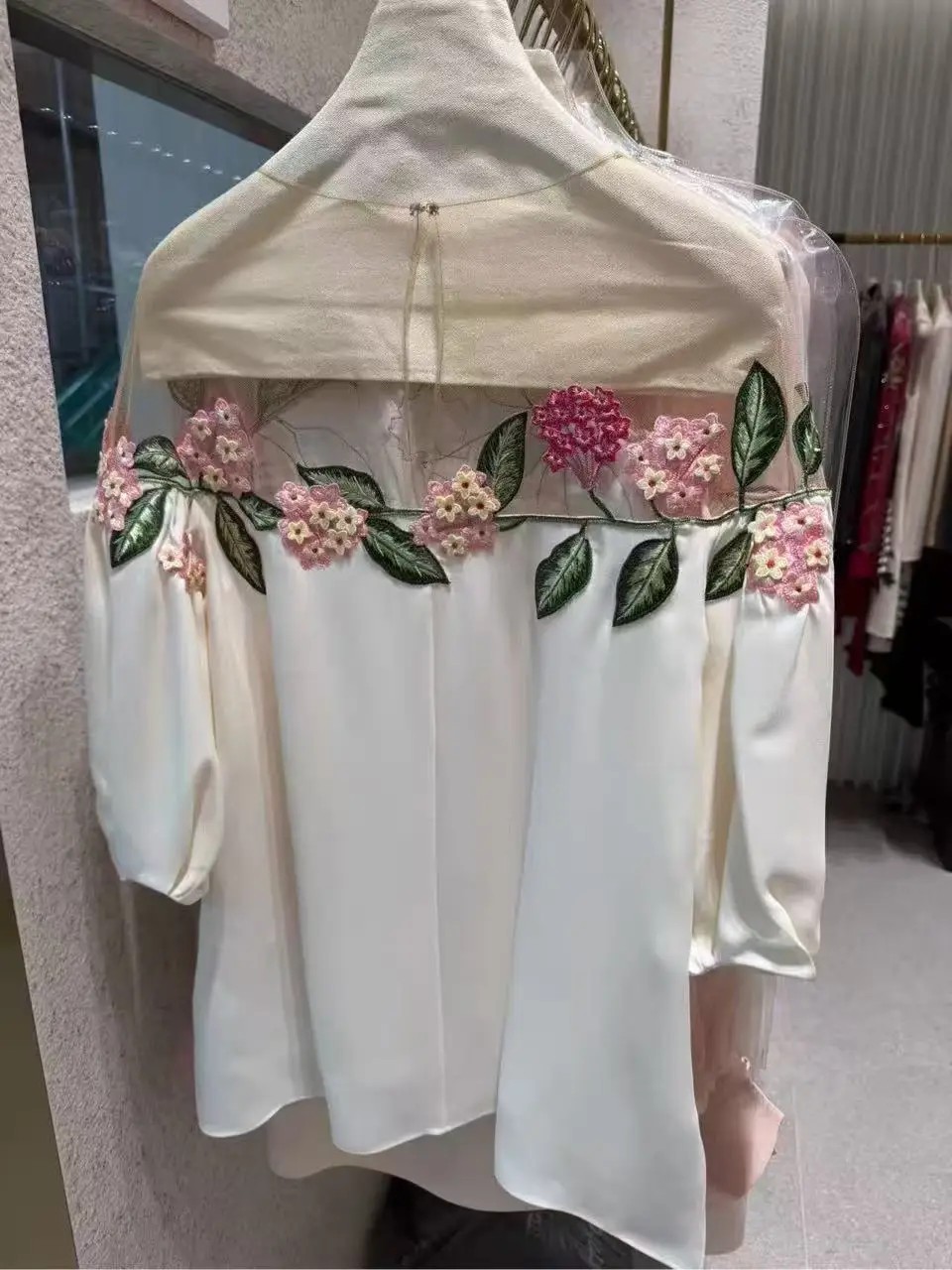 Elegant Silk Blouse Women 3D Floral Embroidery Sheer Mesh Neck Puff Sleeve Top For Vacation Wedding Guest Party